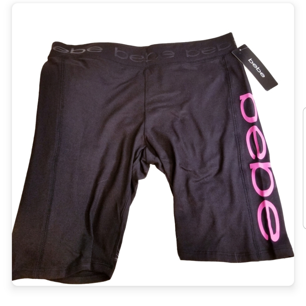 Bebe Sport Black Begonia Neon Pink Logo Biker Shorts Size Large New With Tags